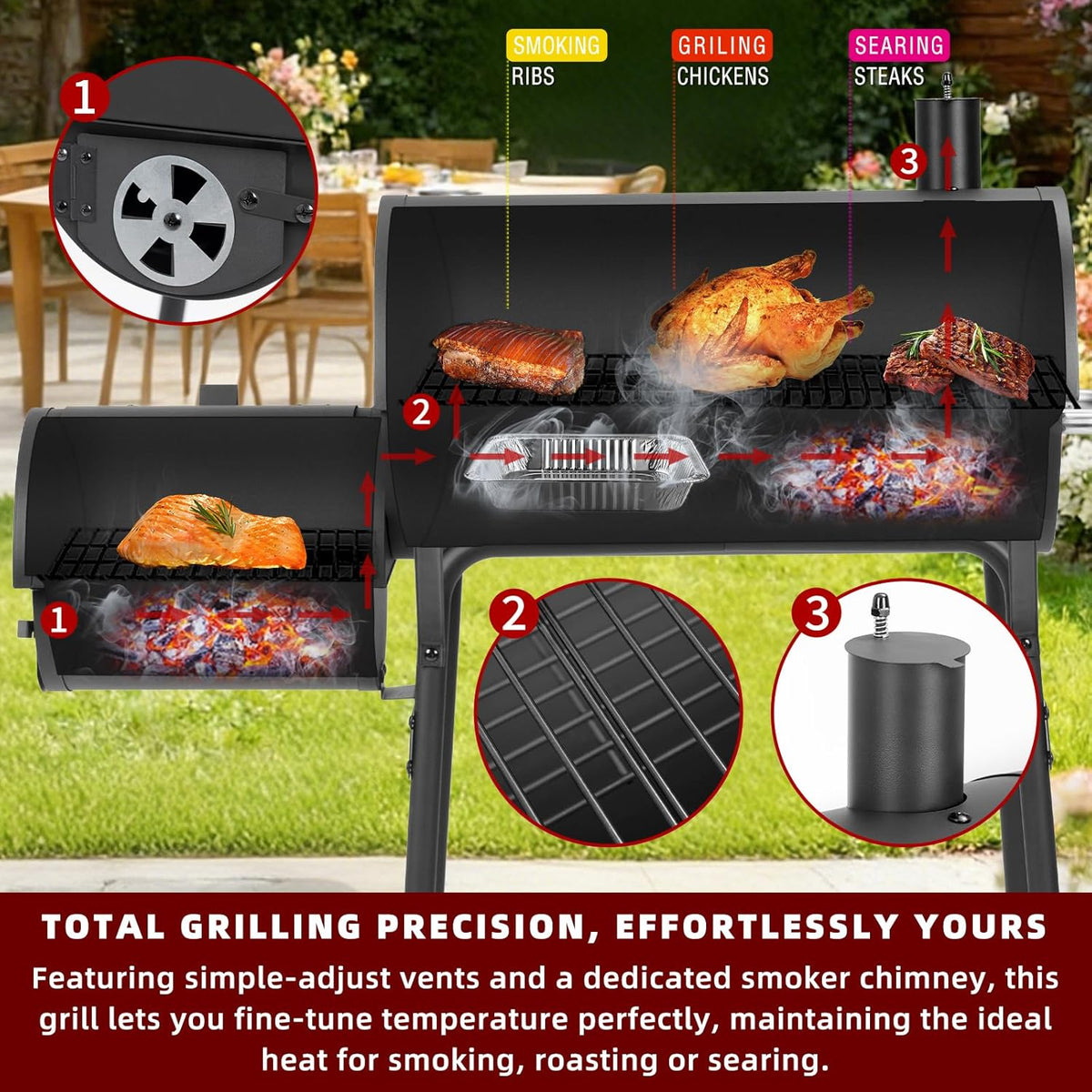 Charcoal Grill Offset Smoker 535 Sq.In.With Front Table for Outdoor BBQ | BBQ Grill for Outdoor Cooking Perfect for Backyard,Patio,Camping,Picnics and Outdoor Barbecue Parties by