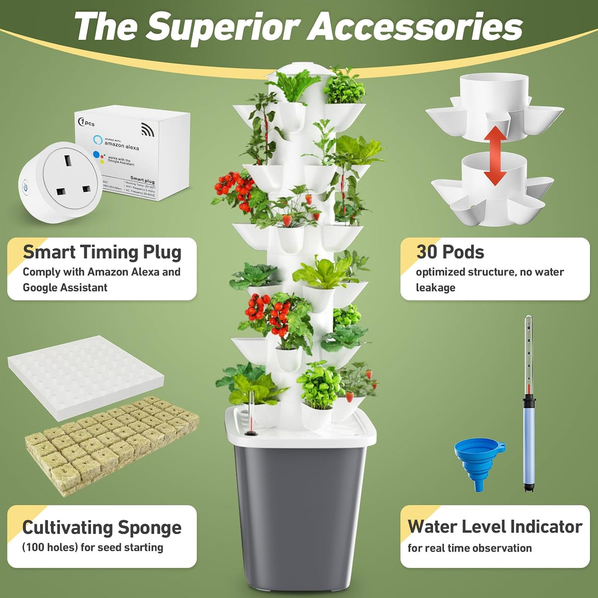 Vertical Hydroponics Garden Tower 30-Plant Hydroponic Growing System, Indoor Vertical Farming Garden Planter, Smart Herb Garden with Timing Plug Automatic Watering for Home Indoor Gardening System