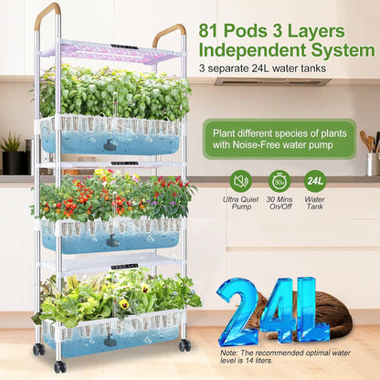 Indoor Hydroponic Growing System with 81 Pods Herbs Garden Kit with 30W Led Grow Light Large Movable 3-Layer Floor-Standing Hydroponic Gardening System for Vegetable Fruit