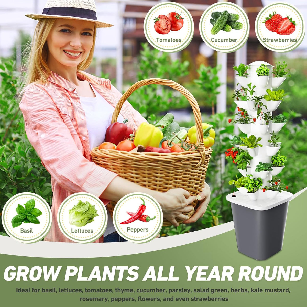 Vertical Hydroponics Garden Tower 30-Plant Hydroponic Growing System, Indoor Vertical Farming Garden Planter, Smart Herb Garden with Timing Plug Automatic Watering for Home Indoor Gardening System