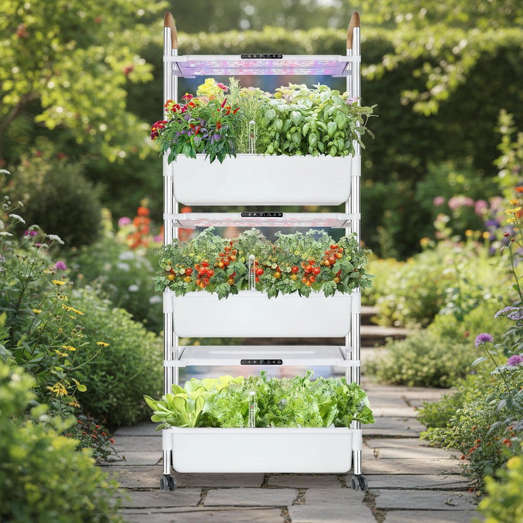 Indoor Hydroponic Growing System with 81 Pods Herbs Garden Kit with 30W Led Grow Light Large Movable 3-Layer Floor-Standing Hydroponic Gardening System for Vegetable Fruit