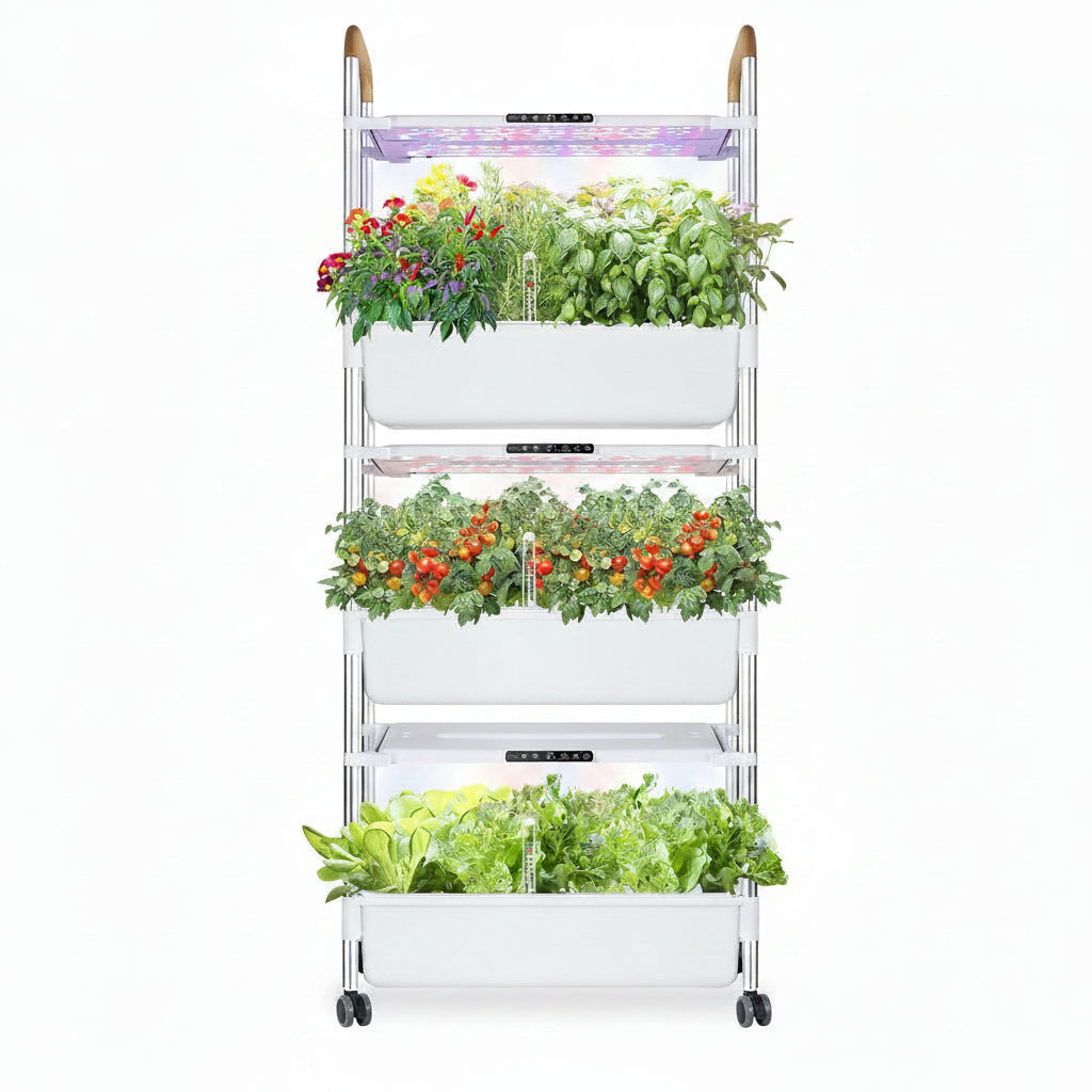 Indoor Hydroponic Growing System with 81 Pods Herbs Garden Kit with 30W Led Grow Light Large Movable 3-Layer Floor-Standing Hydroponic Gardening System for Vegetable Fruit