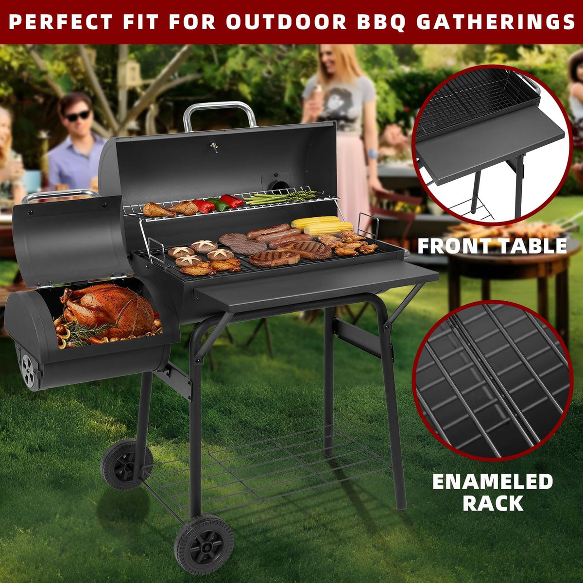 Charcoal Grill Offset Smoker 535 Sq.In.With Front Table for Outdoor BBQ | BBQ Grill for Outdoor Cooking Perfect for Backyard,Patio,Camping,Picnics and Outdoor Barbecue Parties by