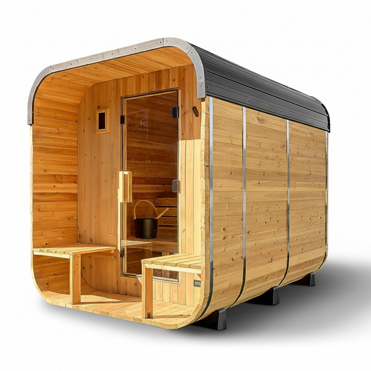 Backyard Discovery Lennon 4-6 Person Traditional Cedar Outdoor Cube Sauna with Porch, Electric Sauna Heater, Sauna Rocks, Dry Heat, Steam Sauna, LED Lights, Wi-Fi Control, Sauna Accessories